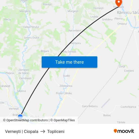 Vernești | Ciopala to Topliceni map