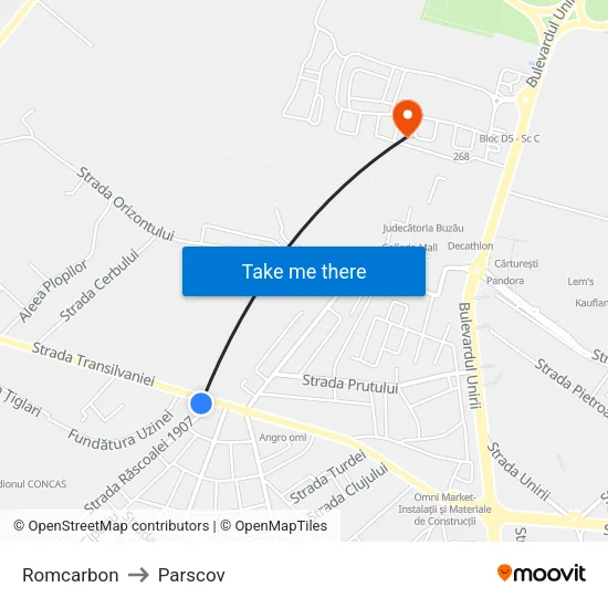 Romcarbon to Parscov map