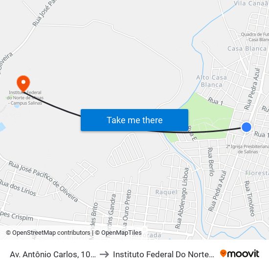 Av. Antônio Carlos, 1009 | Hospital Municipal to Instituto Federal Do Norte De Minas - Campus Salinas map