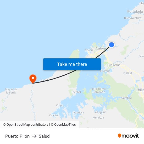 Puerto Pilón to Salud map