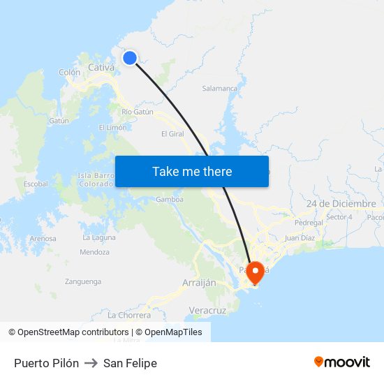 Puerto Pilón to San Felipe map
