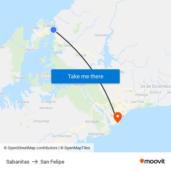 Sabanitas to San Felipe map