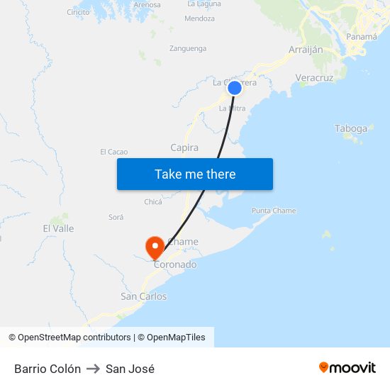 Barrio Colón to San José map