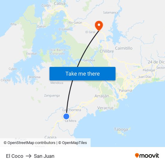 El Coco to San Juan map