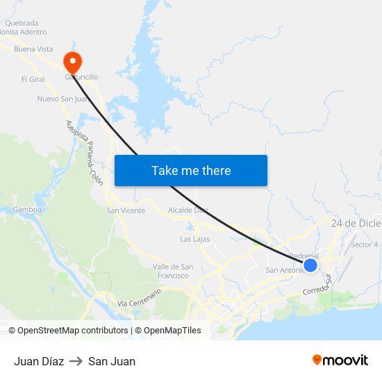 Juan Díaz to San Juan map