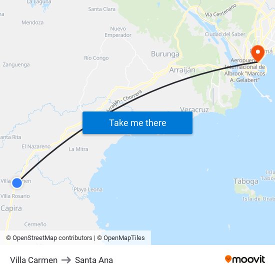 Villa Carmen to Santa Ana map