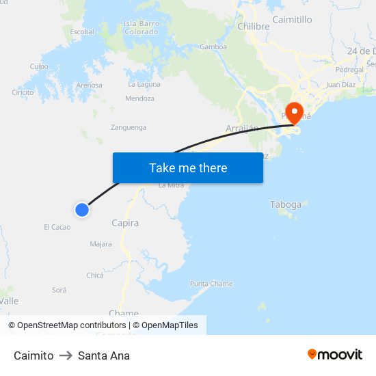 Caimito to Santa Ana map