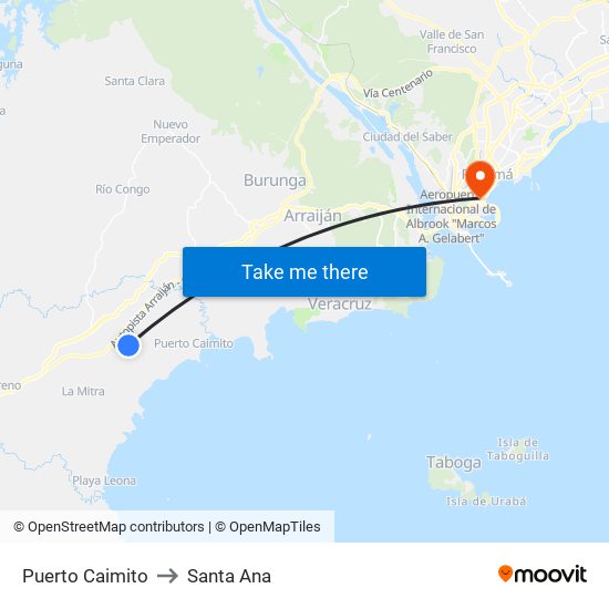 Puerto Caimito to Santa Ana map