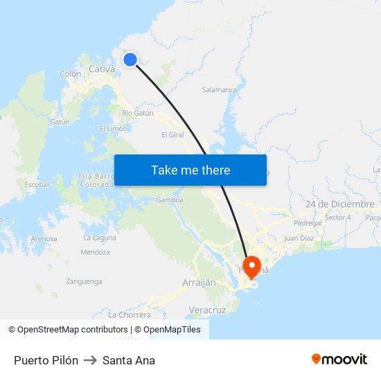 Puerto Pilón to Santa Ana map