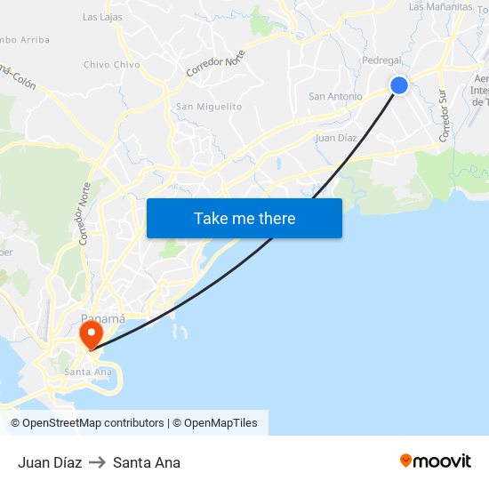 Juan Díaz to Santa Ana map