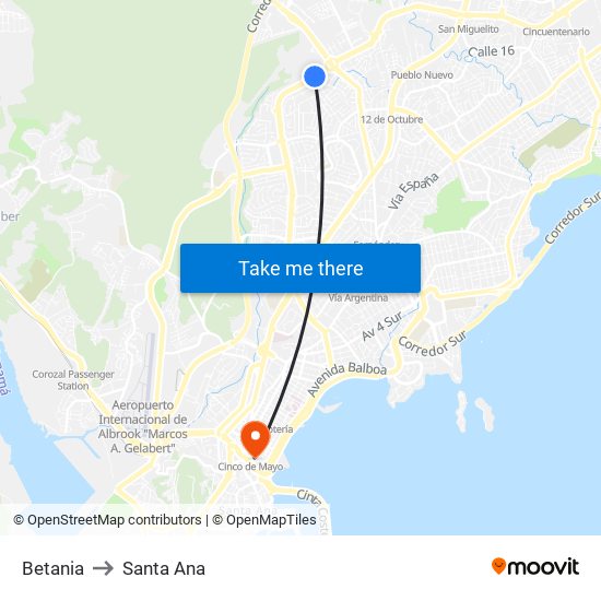 Betania to Santa Ana map