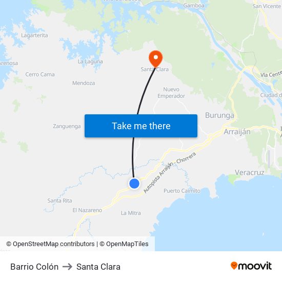 Barrio Colón to Santa Clara map
