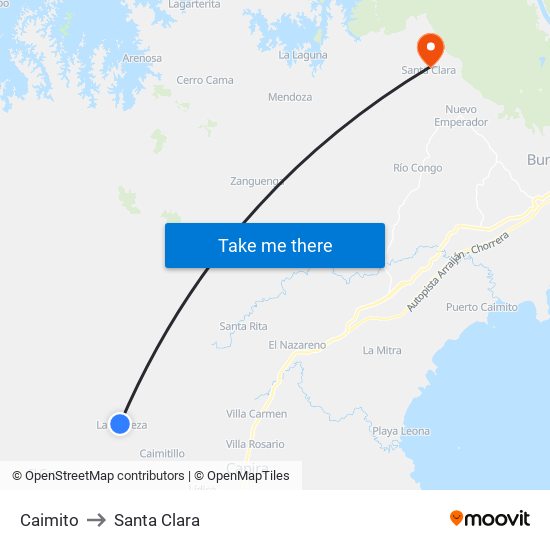 Caimito to Santa Clara map
