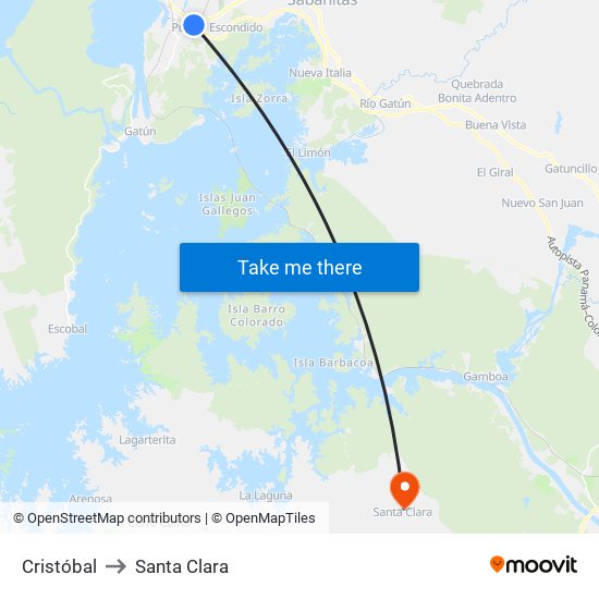 Cristóbal to Santa Clara map