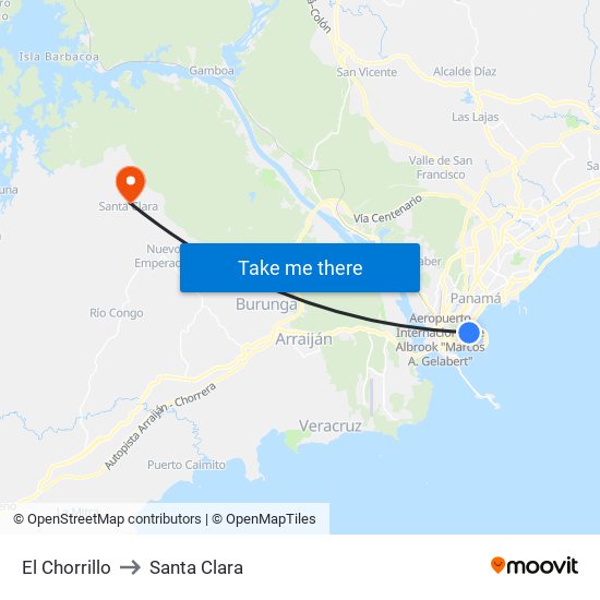 El Chorrillo to Santa Clara map