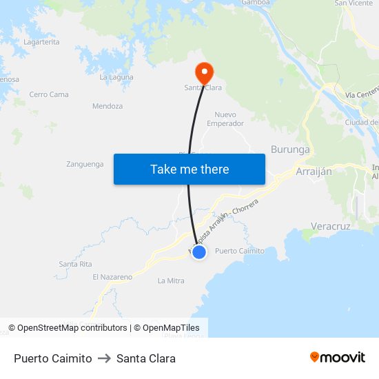 Puerto Caimito to Santa Clara map
