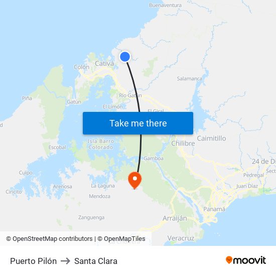 Puerto Pilón to Santa Clara map