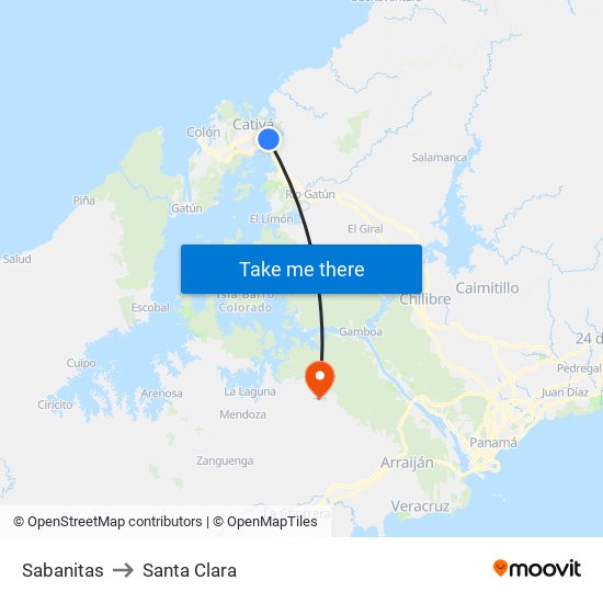 Sabanitas to Santa Clara map