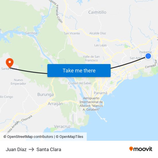 Juan Díaz to Santa Clara map