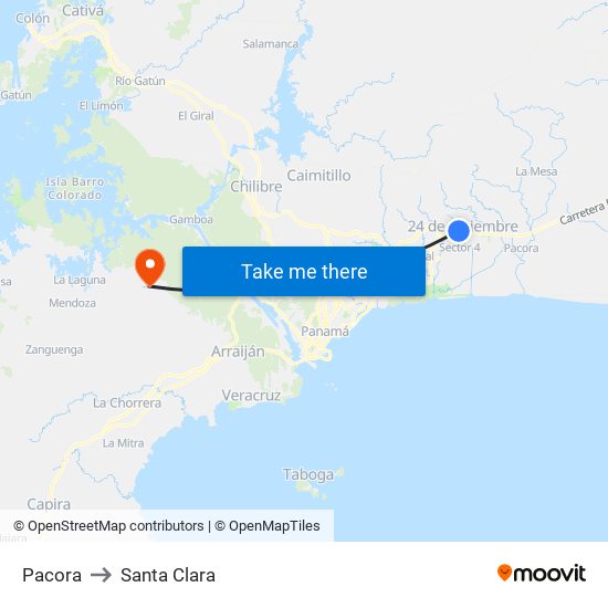 Pacora to Santa Clara map