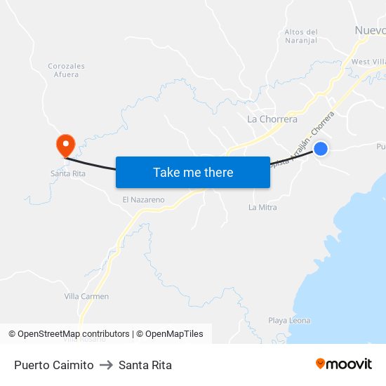 Puerto Caimito to Santa Rita map