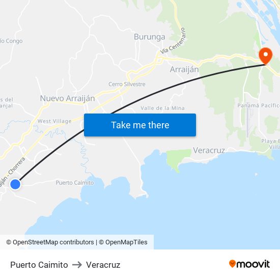 Puerto Caimito to Veracruz map