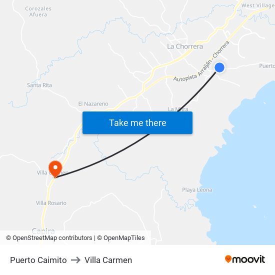 Puerto Caimito to Villa Carmen map
