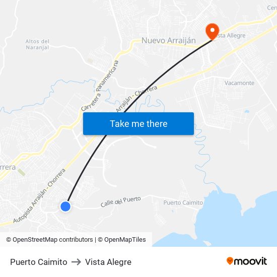 Puerto Caimito to Vista Alegre map