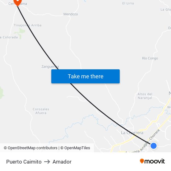 Puerto Caimito to Amador map