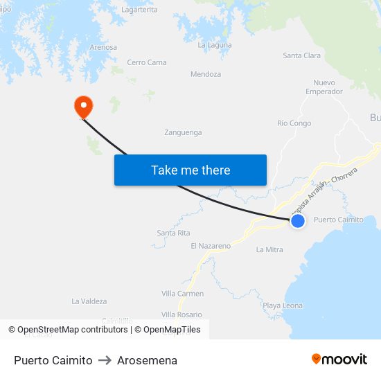 Puerto Caimito to Arosemena map