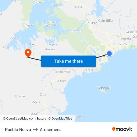 Pueblo Nuevo to Arosemena map