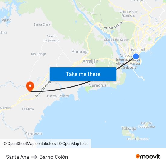 Santa Ana to Barrio Colón map