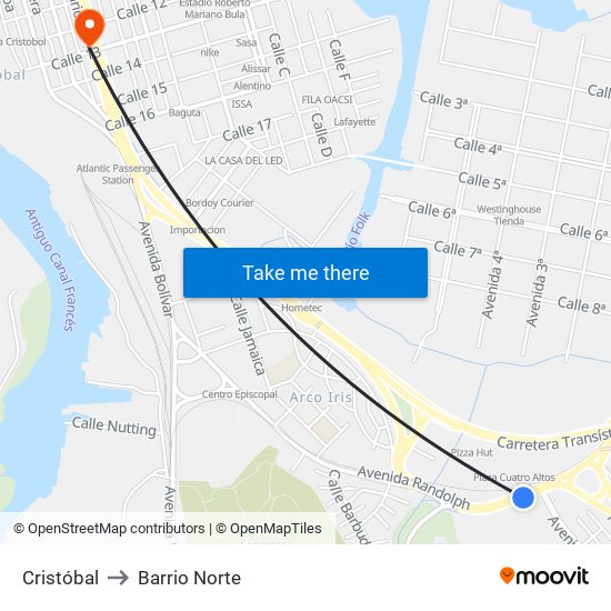Cristóbal to Barrio Norte map