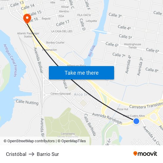 Cristóbal to Barrio Sur map