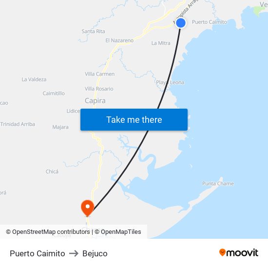 Puerto Caimito to Bejuco map