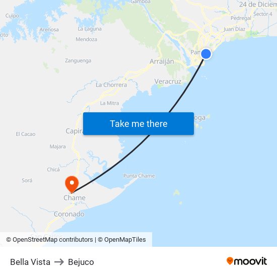 Bella Vista to Bejuco map