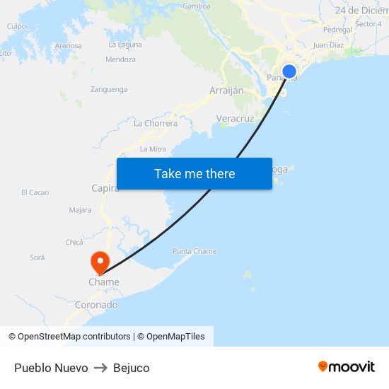 Pueblo Nuevo to Bejuco map