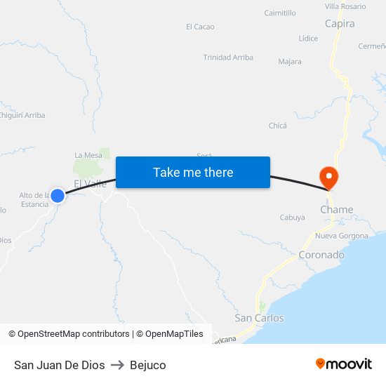 San Juan De Dios to Bejuco map