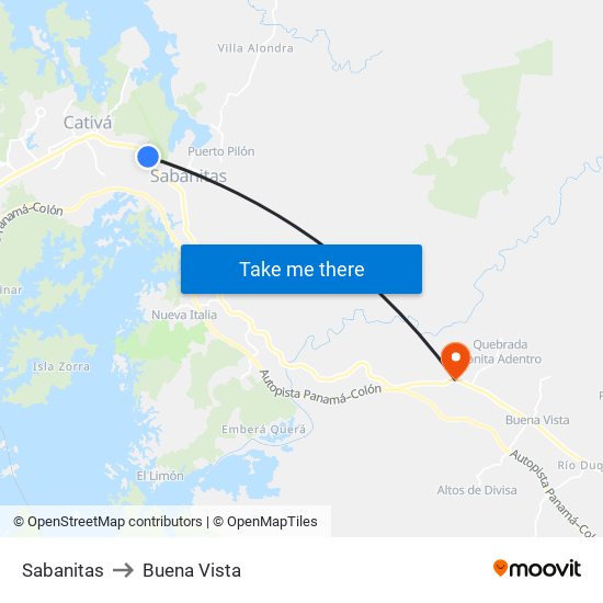 Sabanitas to Buena Vista map
