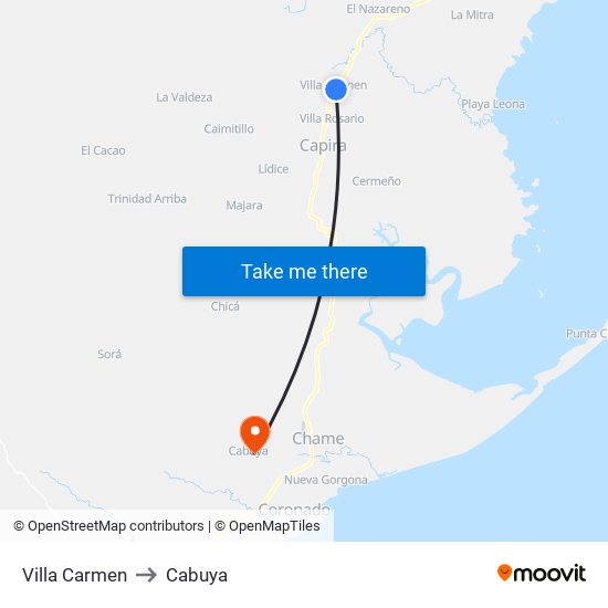 Villa Carmen to Cabuya map