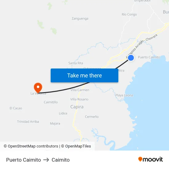 Puerto Caimito to Caimito map