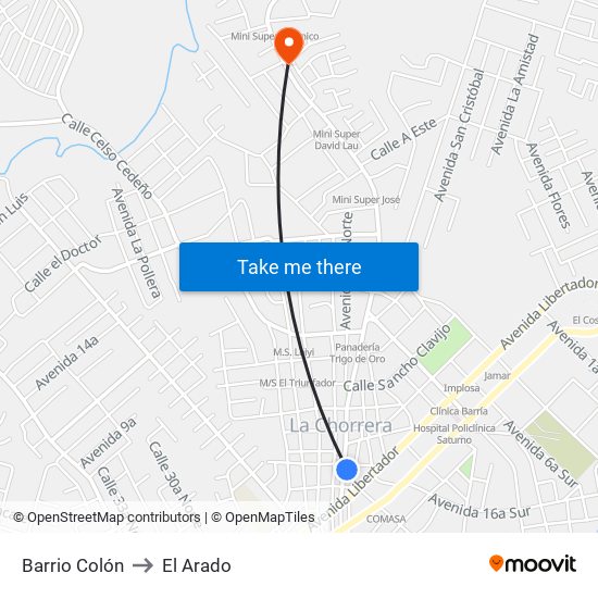 Barrio Colón to El Arado map