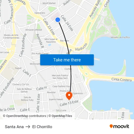 Santa Ana to El Chorrillo map