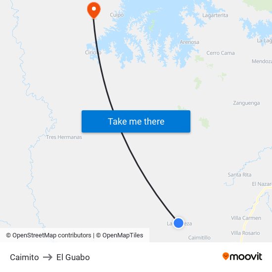 Caimito to El Guabo map