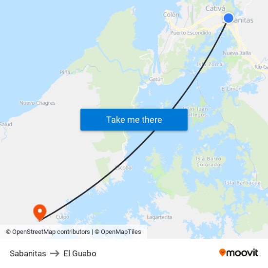 Sabanitas to El Guabo map