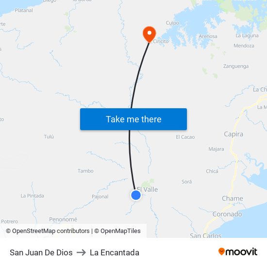 San Juan De Dios to La Encantada map