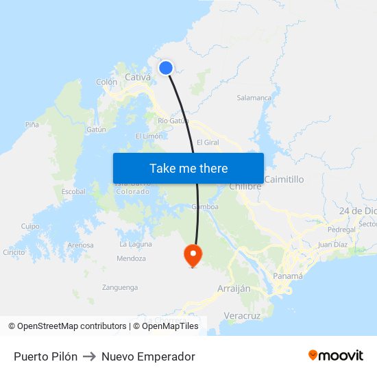 Puerto Pilón to Nuevo Emperador map