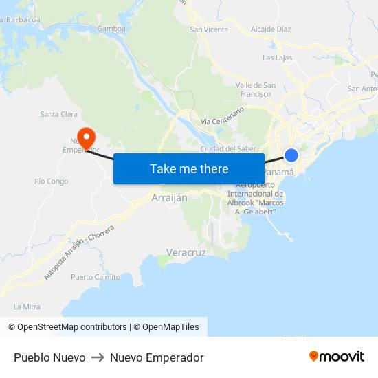 Pueblo Nuevo to Nuevo Emperador map