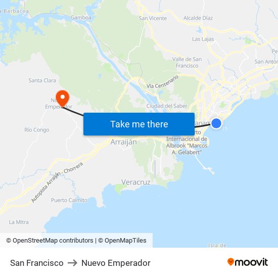 San Francisco to Nuevo Emperador map
