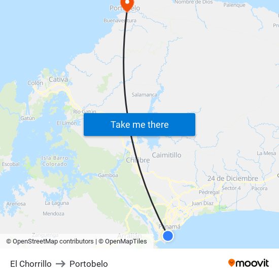 El Chorrillo to Portobelo map